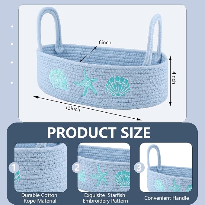 Vesici Ocean Woven Toilet Paper Basket Coastal Cotton Rope Bathroom Decor | Countertop Organizer with Starfish Seashell, Blue Bathroom Storage Decor, Toilet Closet Nursery Organizing, 13 x 6 x 4 Inch