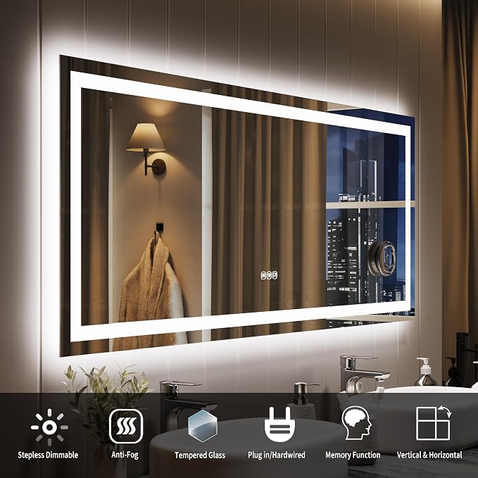 Large LED Bathroom Mirror 60x36 Inch - Frontlit & Backlit Frameless Wall Vanity Mirror with Stepless Dimming, Adjustable Color Temp, Anti-Fog Defogger, Smart Memory & 3X Suction Mirror, Sha