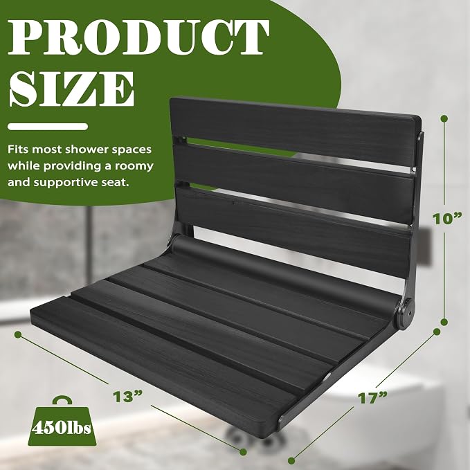 Teak Shower Seat Stainless Steel, Folding Shower Seat Wall Mounted, Foldable Shower Bench for Home Care (All-Black Wood and Stainless Steel, 13" D x 17" W x 10" H)