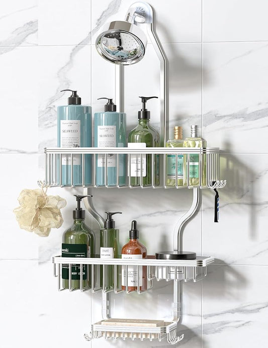 Never Rust Shower Caddy Hanging, Aluminum Shower Racks for Inside Shower, 3-Tier Shower Organizer Hanging Over Shower Head with Hooks and Soap Holder, Silver