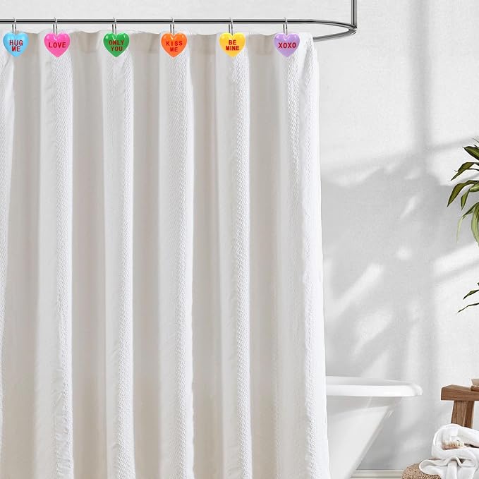 Valentine's Day Shower Curtain Hooks, 12Pcs Heart Shape Rustproof Resin Hooks with Love Messages, Decorative Bathroom Rings for Towel Curtain, 6 Colors