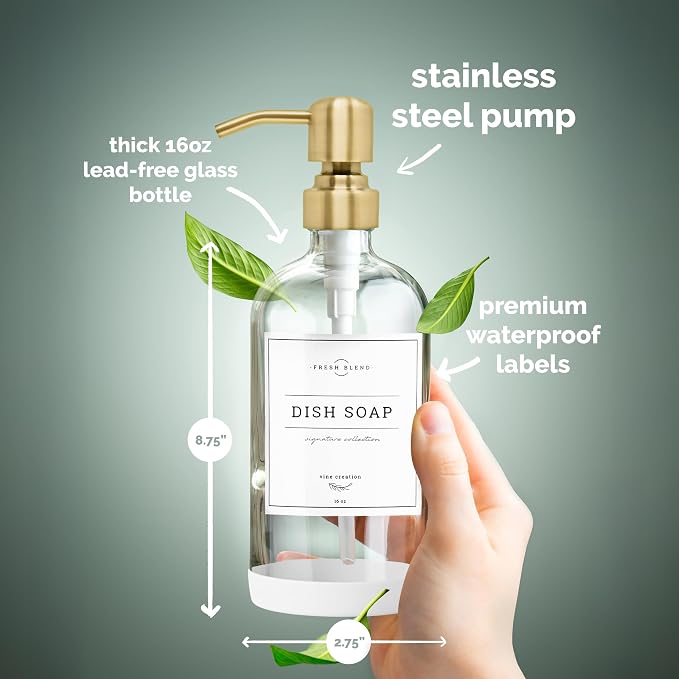 Vine Creations Clear Glass Soap Dispenser, 2 Pack Kitchen Soap Dispenser Set with Stainless Steel Pump, 16 oz Dish Soap and Hand Soap Dispensers for Bathroom with Waterproof Labels