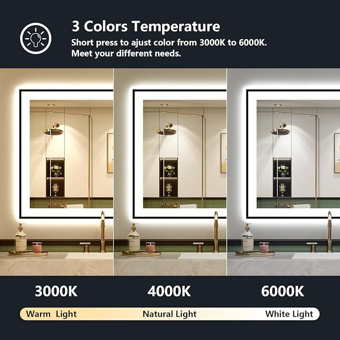 40x30 Inch LED Bathroom Mirror with Lights (Front Lit and Backlit) Black Framed Lighted Vanity Mirror for Bathroom Wall Dimmable Anti-Fog Memory Tempered Glass Horizontal/Vertical
