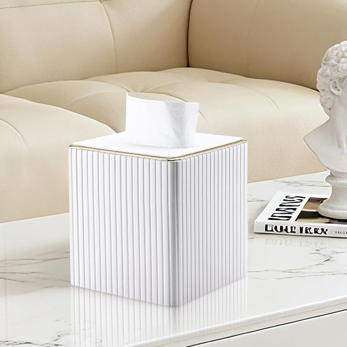 Tissue Box Cover, PU Leather Square Tissue Box Holder for Kleenexs with Magnetic Bottom Cover for Facial Tissues/Napkins, Office & Living Room Decor Box White