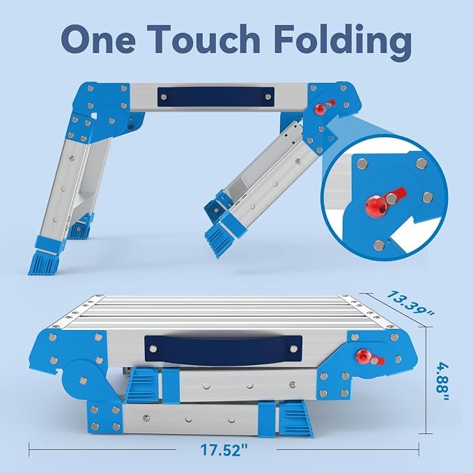 Work Platform 440 lbs with One-Touch Automatic Fold, Standard, Blue | Folding Step Stool, 3 Height Adjustment Platform Step, Perfect for RV Cleaning, Home Painting and Reaching High Places