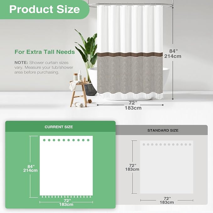 Extra Long Shower Curtains, 84 Inches Long Farmhouse Boho Striped Fabric Tassel Shower Curtains for Bathroom, Tall Bohemian Textured Cloth Shower Curtain Set with Hooks, Brown, 72x84