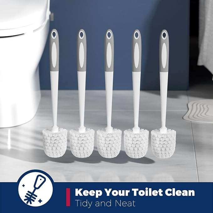 Holaloha Toilet Bowl Brush for Replacement, 5 Pack, White | Bathroom Accessories, Ergonomic Silicone Handle, Dense Bristles, Deep Cleaning, Scrubber, with 5 Groove Gap Brushes