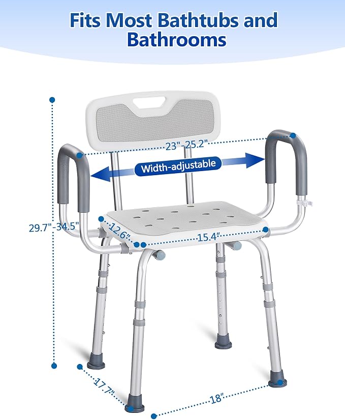 Shower Chair with Back and Arms, 330 lb Capacity | Height Adjustable, Padded Armrests, Non-Slip Seat, For Seniors, Elderly and Disabled Users