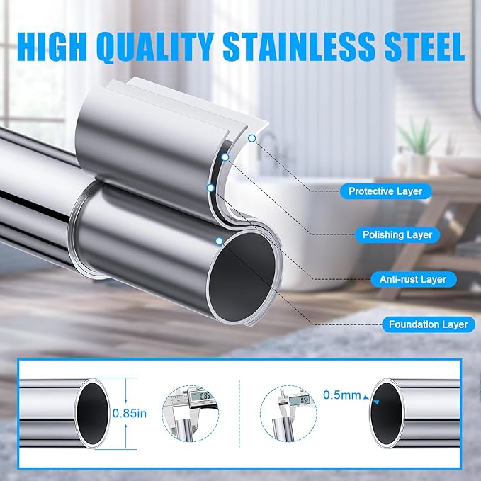 TEECK 2 Pack Shower Curtain Rod, 32-80 inch Adjustable Spring Tension Curtain Rod, Never Rust Anti-Slip Shower Curtain Rod for Bathroom, No Drilling, Never Collapse, Easy to Use, Silver