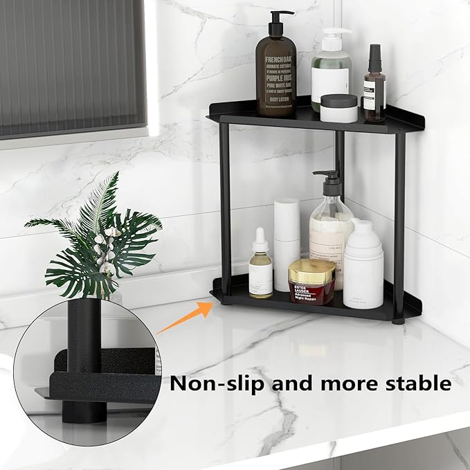 FLE Corner Bathroom Counter Organizer, Bathroom Organizer Countertop Black | 2 Tier Corner Shelf, Tabletop Mount,Waterproof Solid Shelf Fits Bathroom Toiletries and Kitchen Condiment Storage
