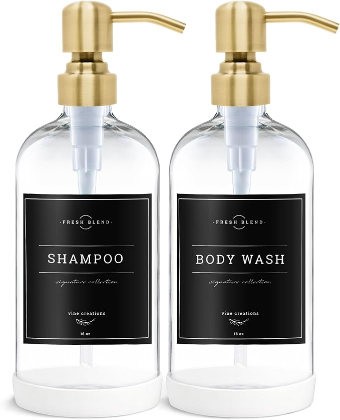 Vine Creations Clear Glass Soap Dispenser, 2 Pack Kitchen Soap Dispenser Set with Stainless Steel Pump, 16 oz Dish Soap and Hand Soap Dispensers for Bathroom with Waterproof Labels