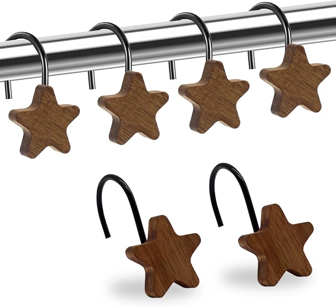 Shower Curtain Hooks, Wood Decorative Shower Curtain Rings, Modern Round Log Shower Curtain Hangers, 12PCS Shower Hooks for Shower Curtain Rod, Bedroom, Living Room (Star-Black)
