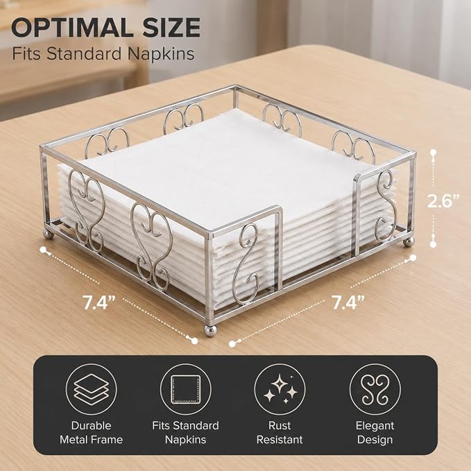 Flat Napkin Holder for Table, Silver Metal Weighted Paper Caddy | Lunch Napkins, Dinner Napkins & Everyday Use
