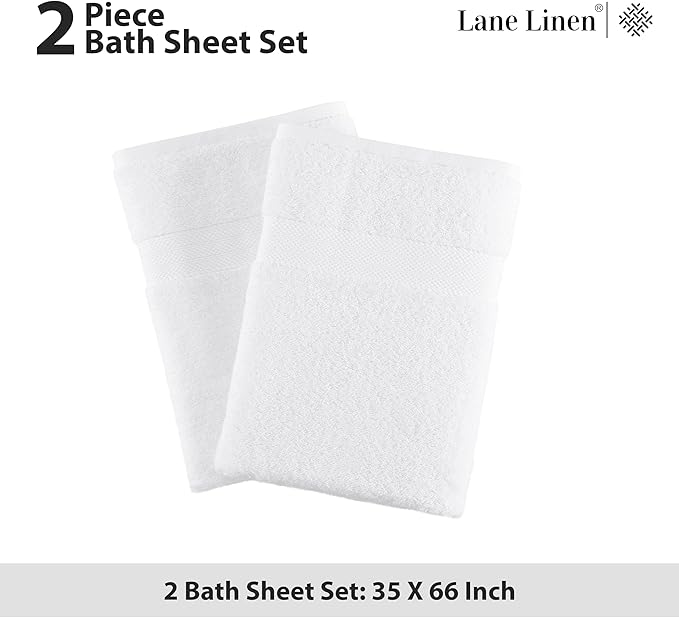 LANE LINEN Bath Sheet Set 2 Pack Oversized Soft Absorbent Quick Dry - White | Cotton Bath Sheets - Oversized & Roomy, Lightweight & Breathable, Fade-Resistant Color, Classic Terry Weave, Densely Woven