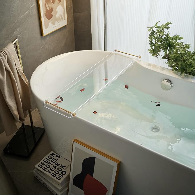 Clear Acrylic Bathtub Tray, Gold Rail Waterproof Tub Caddy Accessory | Sturdy Transparent Panel, Holds Reading Materials, Cell Phones and Wine Glasses, Ideal Spa Decor and Premium Gift for Women