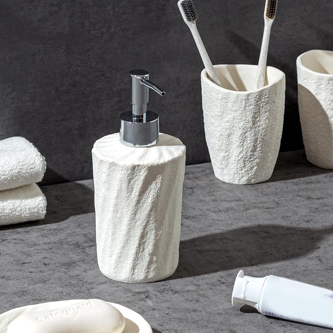 Bathroom Accessories Set, 4 PCS Modern Stone Texture, White | Minimalist, Resin, with Liquid Soap Dispenser 11.5 OZ, Tumblers, Toothbrush Holder, Bar Soap Tray, For Countertop Sink