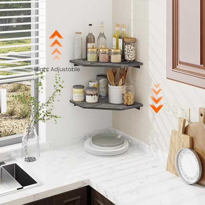 Corner Shelf Wall Mount, Set of 2 Corner Floating Shelves with Cord Hole for TV, Cable Box, Wood Hanging Storage Shelf Organizer for Bathroom Kitchen Living Room Bedroom, Rustic Grey