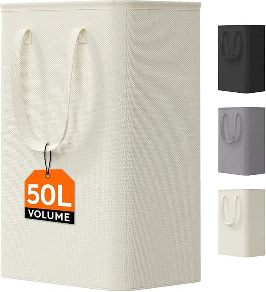 Lifewit Slim Collapsible Laundry Basket with Handles, 50L, Ivory | Narrow Laundry Hamper for Dirty Clothes, Tall Thin Laundry Bin, Small Clothes Hamper for Bathroom, Bedroom, RV, Dorm