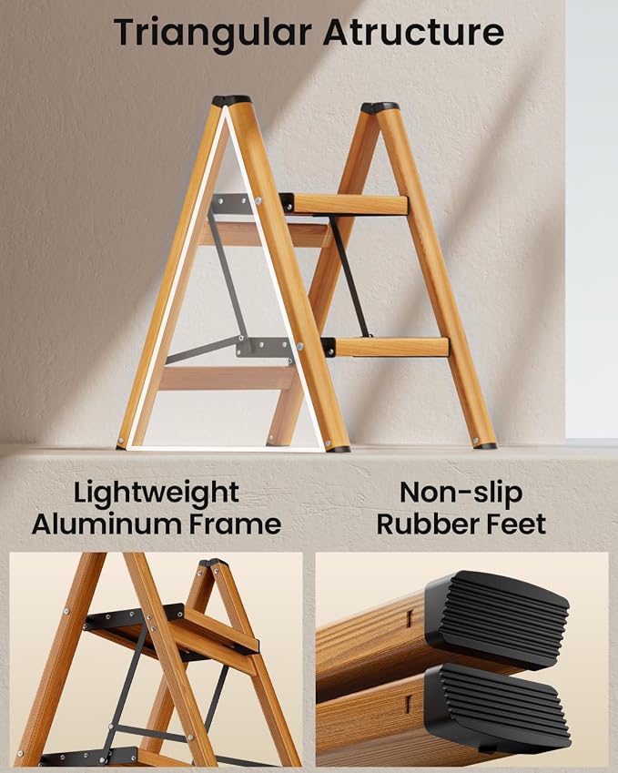 2 Step Ladder, Lightweight Folding Step Stool, Woodgrain | Anti-Slip 7.9'' Wide Pedal;Space-Saving;For Kitchen, Home, Library, Office Use;300lbs Capacity