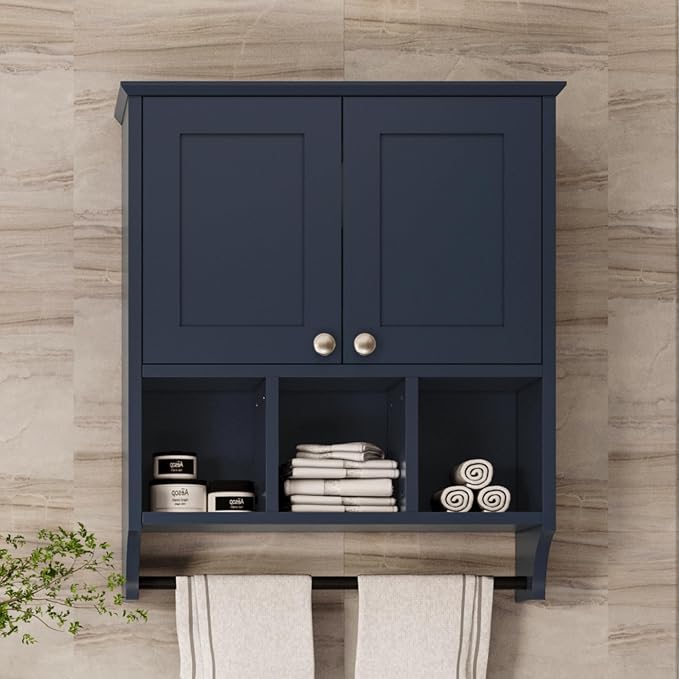 Bathroom Wall Cabinet, Wall Mounted with Towel Bar & 6 Shelves - Over Toilet Storage Organizer, 2-Door Medicine Cabinet, Adjustable Bathroom Shelves(Blue)