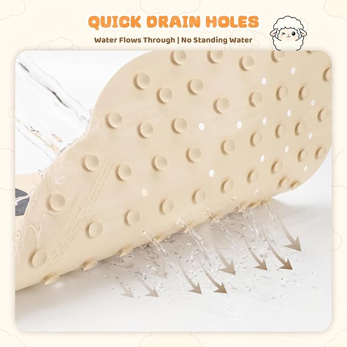 UNEEDE Non Slip Bathtub Mat for Kids | Natural Rubber Toddler Bath Mat with 113 Suction Cups and 46 Drainage Holes, Machine Washable Bath Essential, 27.5x15.7 Beige