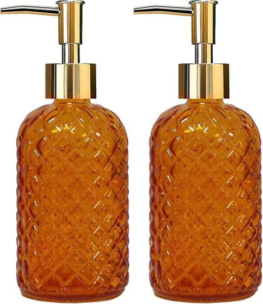 YYTSGG Orange Glass Soap Dispenser, 13.5oz, 2 Pack | Bathroom Hand Dispenser, Lotion Dispenser with Gold Plastic Pump for Modern Home Decor, Kitchen Countertop, Hotel