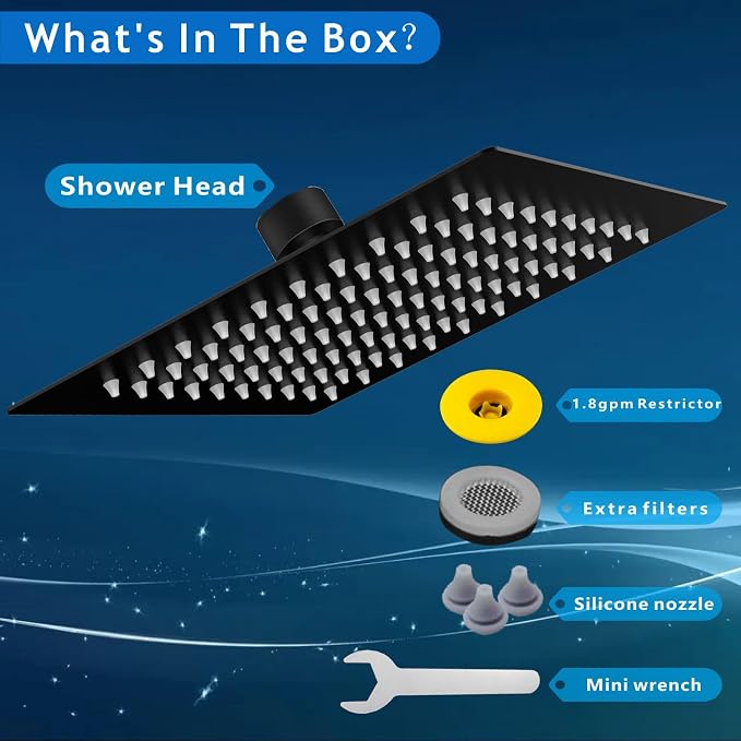 Voolan Rain Shower Head - High Flow Large Rainfall Shower Heads Made of Stainless Steel - Waterfall Bathroom Square Showerhead - Ceiling or Wall Mount (12 * 8 Inch Rectangle, Matte Black)