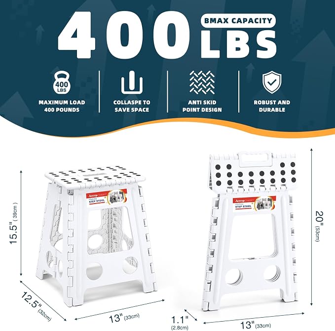 16 Inch Folding Step Stool, Heavy Duty, 400 lbs, White | Lightweight Collapsible Stepping Stool for Adults with Handle, Non-Slip, for Kitchen, Bathroom, Bedroom and Outdoor Use