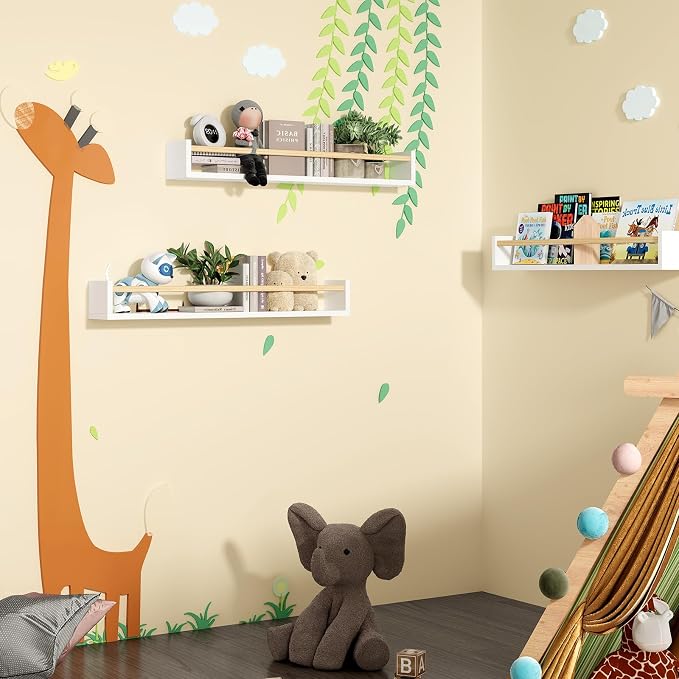 Fixwal Floating Nursery Book Shelves for Wall, 23.6in, Set of 3, White Wood | Solid wood shelves store kids' books, toys and clothing. Fits kids' room, playroom, nursery, living room, bedroom & bathroom.