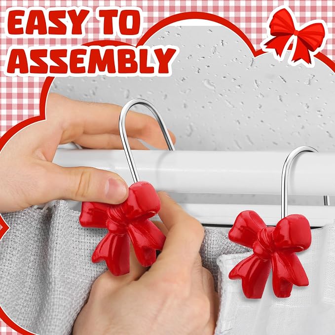 Yaocom 12 Pcs Red Bow Shower Curtain Hooks Rustproof Metal Rings | Decorative Bow Knot Style for Bathroom Bedroom Decor, Smooth Glide on Rod, Bulk Set for Curtain Replacement, Rustproof Finish