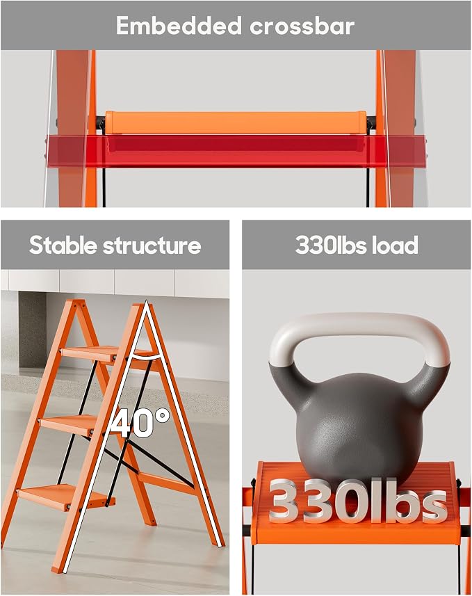 HillhutApex Aluminum Step Stool Foldable,3 Step Ladder (Orange) | Lightweight Portable step ladder with Anti-Slip Wide Pedal,330lbs Capacity Ladder for Household,Office,Kitchen