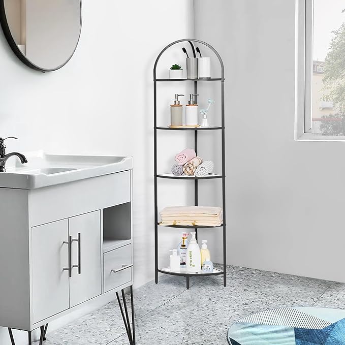 Homhedy 5-Tier Glass Corner Shelf Stand, Metal Corner Bookshelf | Display Shelf, Tempered Glass Shelves, Plant Stand, Storage Rack Shelf for Bedroom, Living Room, Home, Office, Black