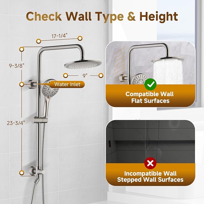 BRIGHT SHOWERS Rain Shower Heads System Including Rainfall Shower Head and Handheld Shower Head with Height Adjustable Holder, Solid Brass Rail, 60 Inch Long Stainless Steel Hose, Brushed Nickel