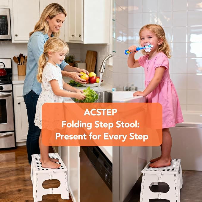 9 Inch Folding Step Stool, 15 Inch Extra-Wide, 300 lbs, White | Non-Slip Heavy Duty Foldable Step Stool for Kids and Adults, Extra-Wide for Comfort and Stability, for Bathroom and Kitchen