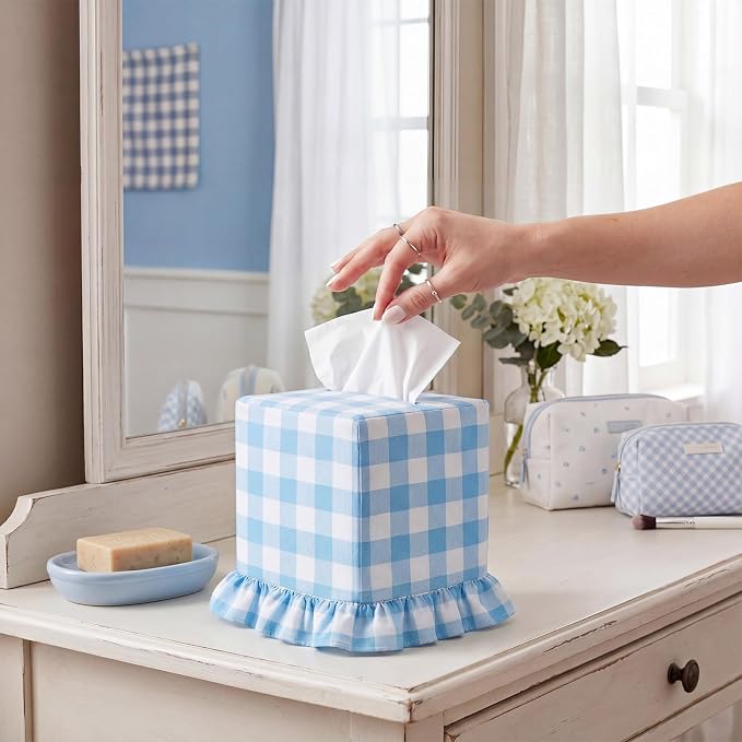 Blue Gingham Tissue Box with Ruffled Cover Cottagecore Handmade Decorative Gingham Napkin Holder for Home Bedroom Living Room Bathroom Vanity Countertop Car Office Kitchen