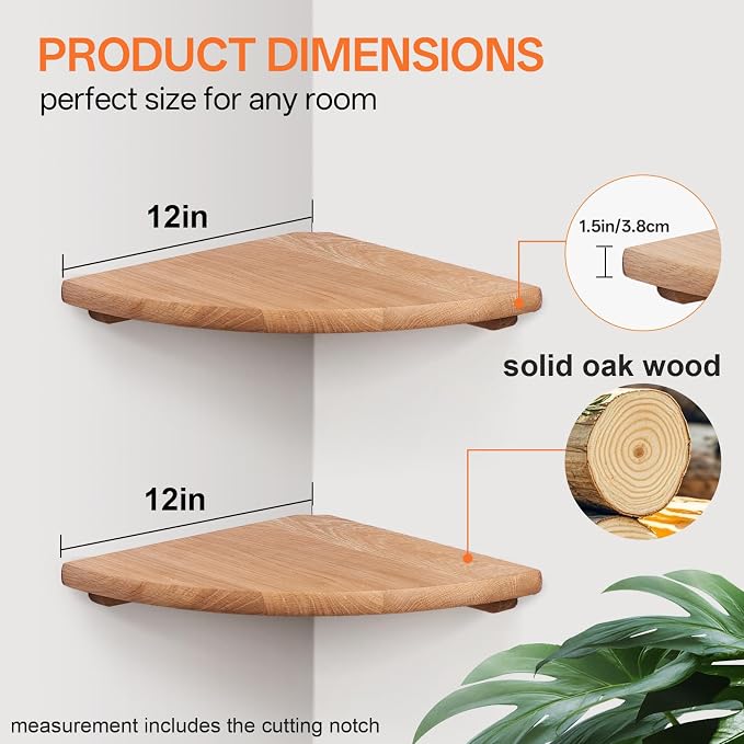 Gieanoo Floating Corner Shelves for Wall Set 2 12inch Solid Oak Rounded Corner Shelves Wall Mounted with Cable Hole Wood Corner Hanging Shelves for Living Room Bedroom Bathroom Kitchen