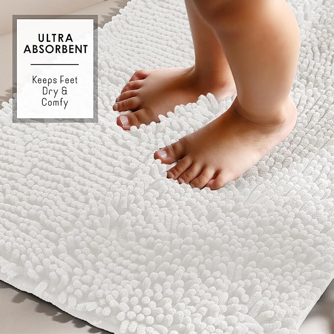 Hearth & Harbor Bathroom Rugs, Chenille Bath Mat - Machine Washable Bath Mats for Bathroom Non-Slip Backing Rubber, Quick Dry Bathroom Mat - Off-White Bath Rug, 26x44
