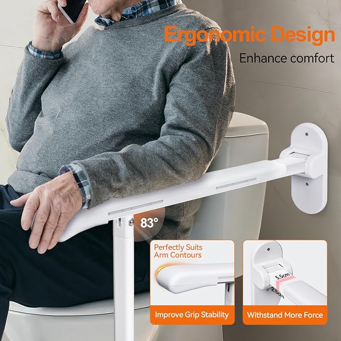 SPECILITE Toilet Grab Bar 440lb Support, Safety Rail for Elderly & Disabled | Heavy Duty Sturdy Support, Non-Slip Waterproof Handrail with Night Glow Strips, Space Saving Flip Bar for Injured & Pregnant