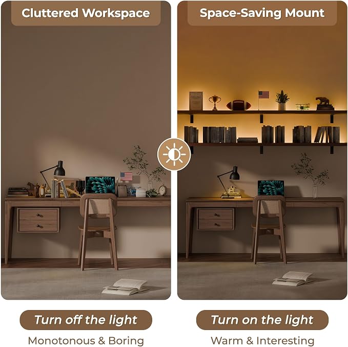 10x72 Inch LED Floating Shelf, Wall Mounted with Light, Storage for Gaming Room, Living Room, Kitchen (Walnut, Set of 2)
