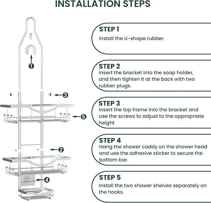 REINHARDT Adjustable Shower Caddy Hanging Over Shower Head, Silver | Rustproof Shower Organizer, Extra Long, No Drilling, Anti-Slip, Fast Draining, Soap Holder, 12 Hooks, Bathroom Accessories