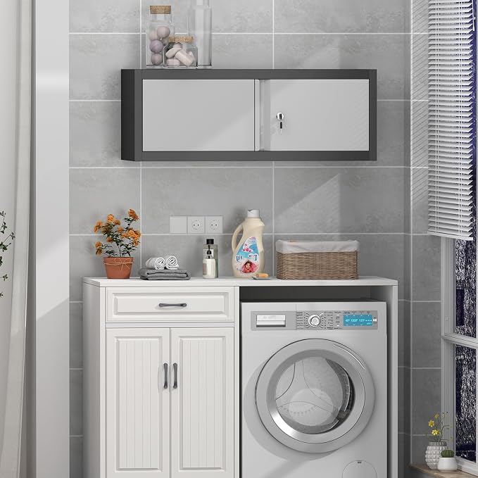 Metal Wall Cabinet with Doors,Garage Storage Cabinet Wall Mounted,Lockable Cabinets for Home Office,Garage,Warehouse,Grey-Black