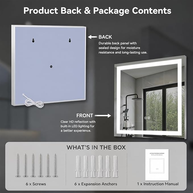 28"X28" LED Bathroom Mirror with Lights, Lighted Bathroom Vanity Mirror for Wall, 3 Colors, Dimmable, Anti-Fog, HD Tempered Glass(Front Lit)