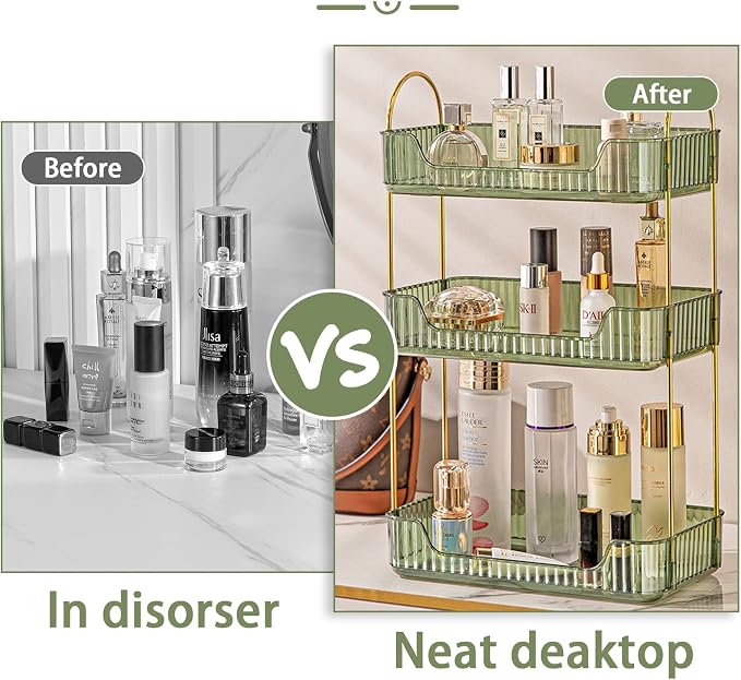 3 Tier Bathroom Counter Organizer Countertop Storage, Cosmetics Skincare Shelf Organizer, Makeup Organizer Perfume for Dresser Vanity Tray, Spice Rack Organizer for Kitchen - Green