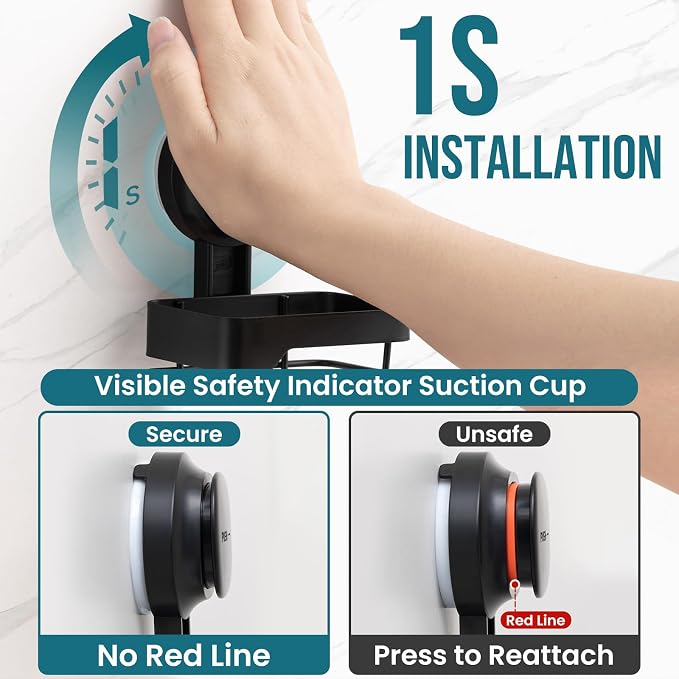 TAILI Suction Cup Toothbrush Holders with Visible Safety Indicator, Black | Wall Mounted, Visible Safety Indicator, Inverted Trapezoid Design Bathroom Organizer Removable for Tooth brush and Toothpaste