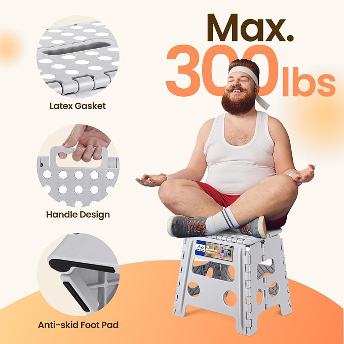 ACKO 13 Inch Folding Step Stool, Non-Slip Surface for Adults and Kids, Gray | Collapsible Heavy Duty Foldable Stools, Portable Foot Stepping Stool Holds 300 lbs, Kitchen Bathroom Outdoor, with Handle