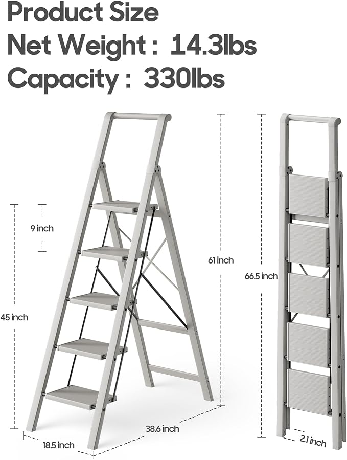 HillhutApex Aluminum 5 Step Ladder, Step Stool Foldable Ladder(Pale Grey) | Stepladder with Handgrip,Anti-Slip Pedals,330lbs Capacity,Lightweight Portable Folding Ladder for Home,Office,Libaray