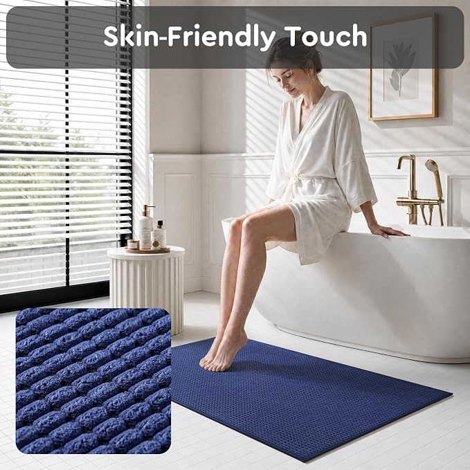tchdio Bathroom Runner Rug, Absorbent Washable Thin Bath Mat, Non Slip Quick Dry Bath Rugs with Solid Rubber Backing, Low Profile Bath Mat, Blue, 24" x 48"