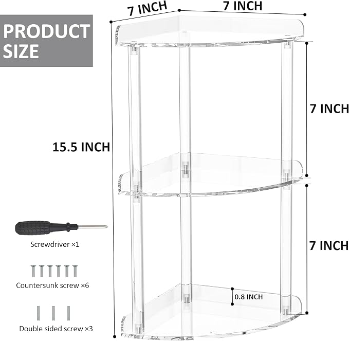 Sezanrpt 3 Tier Countertop Corner Organizer Shelf 7x7x15.7 Inch, Countertop Acrylic Bathroom Corner Shelf, Clear Vanity Storage Organizer for Cosmetics, Toiletries