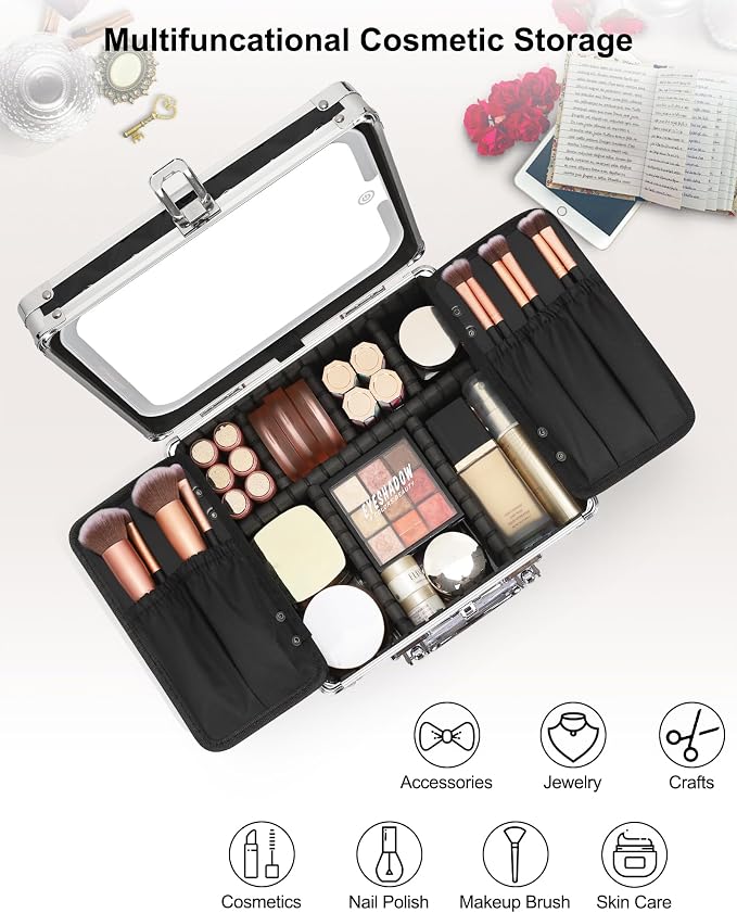 Relavel Makeup Bag with LED Mirror, Makeup Box Travel Train Case with Rechargeable Lighted Mirror, Cosmetic Brush Organizer Storage for Makeup Artists Gifts for Women and Girls (Black Quilted, Small)
