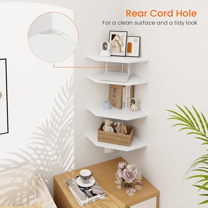 Corner Wall Shelf, Corner Shelf Floating, Set of 4 Wooden Hanging Corner Shelves with Wire Hole for Bathroom Living Room Office, White